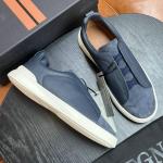ZEGNA Triple Stitch™ Navy Deerskin Low-Top Slip-On Sneaker