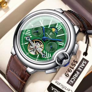 POEDAGAR Emerald Tourbillon-Style Sun-Moon Phase Leather Automatic Watch